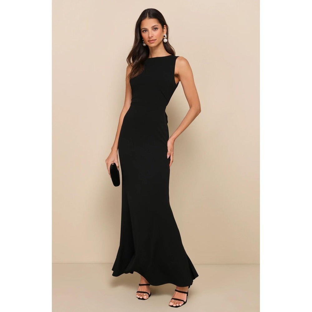 Lulus Exquisite Refinement Black Backless Bow Ruffled Maxi Dress Size XS - Picture 5 of 9